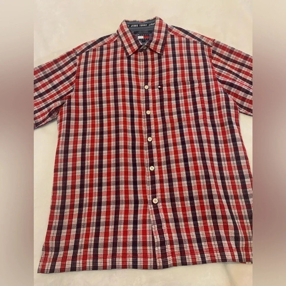 Tommy Hilfiger Men's Button Down Short Sleeve Polo Shirt Red White Blue Size M - Picture 1 of 10